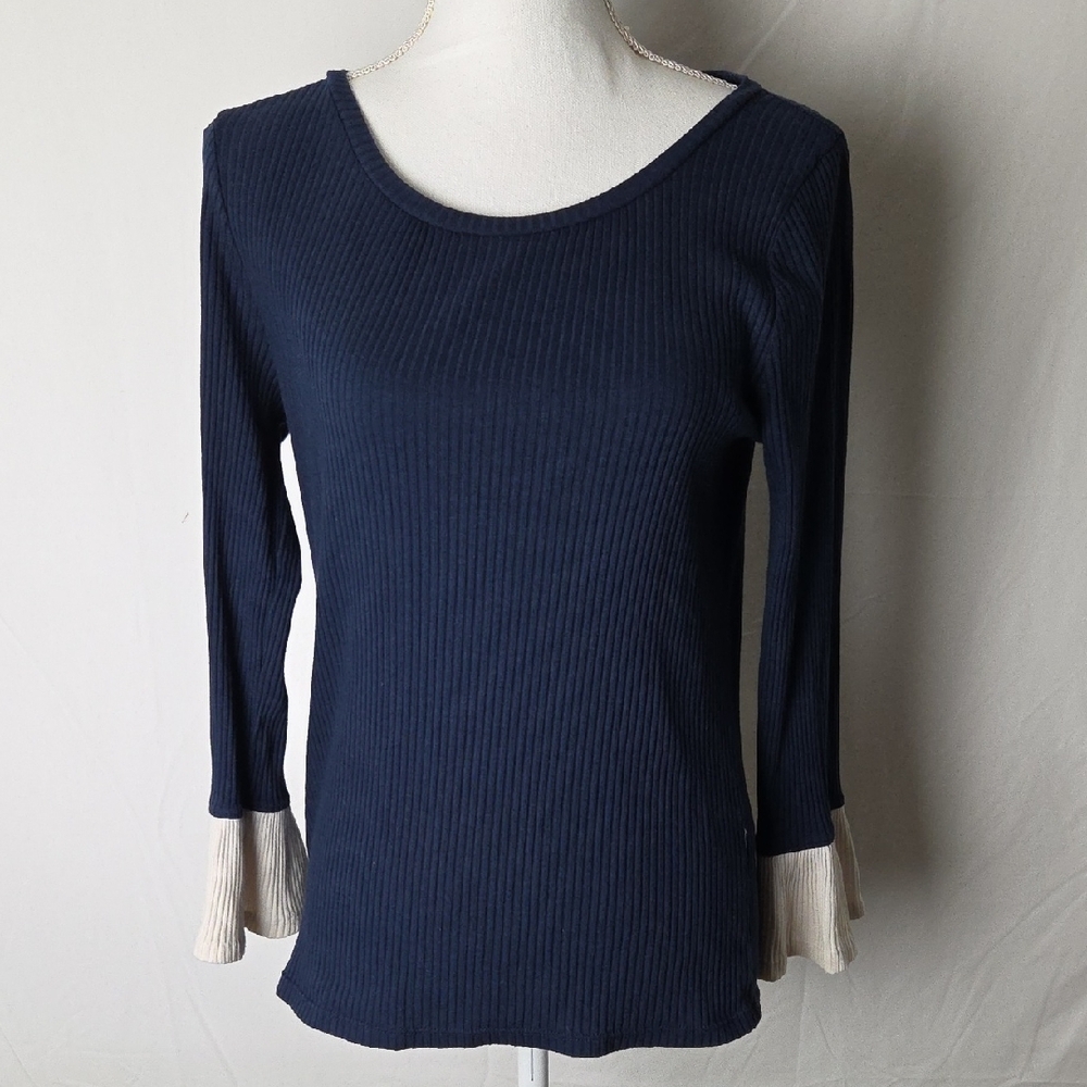 J.Crew Women's Navy Blue Knit Ribbed Top‎ Bell-Sleeve Cream Boho Size Medium